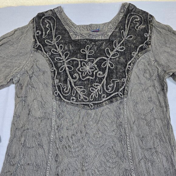 Sacred Thread Gray Embroidered Long Sleeve Maxi Dress Free Size Boho Velvet - Picture 5 of 7